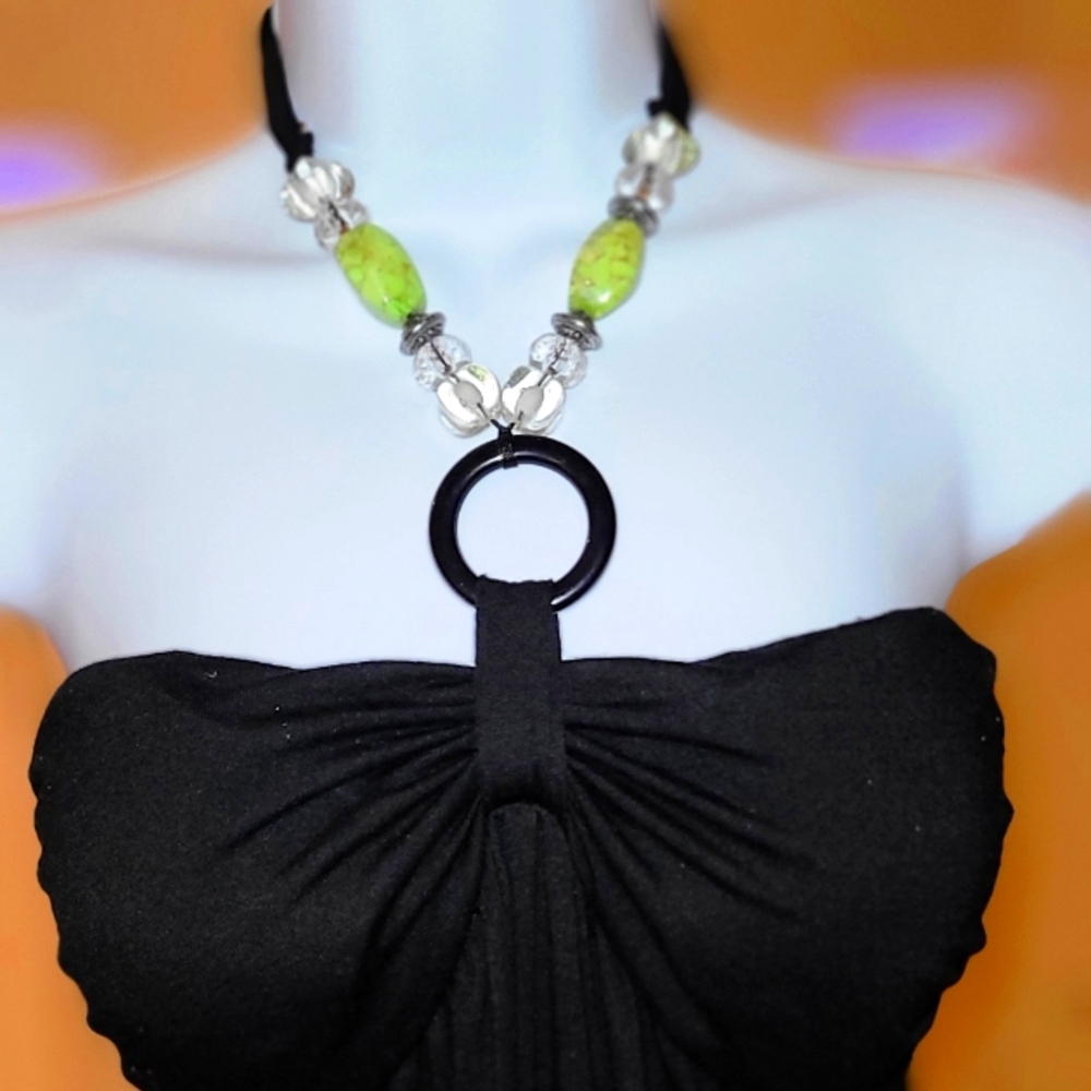 Black Summer Strapless Dress Ties Around Neck With Green and Black Beads. Size M